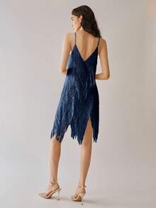 Uhlyne Váy xòe tua rua cổ chữ V viền bất đối xứng dây mảnh dành cho nữ - Màu xanh hải quân - Xem 3