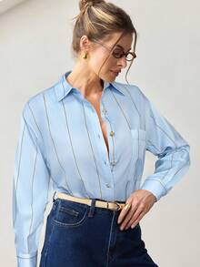BizChic 2025 秋冬新款蓝色条纹翻领前扣式女衬衫，现代优雅时尚办公/休闲装，百搭浪漫风格，适合正式场合、派对、婚礼、音乐会、早午餐、机场、国庆节、新年、圣诞节、感恩节 - 藍色 - 查看 7