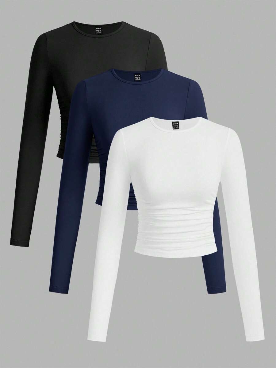 SHEIN EZwear 3件套女士休闲纯色圆领褶皱长袖T恤,涤纶材质,秋冬款 - 彩色 - 查看 1