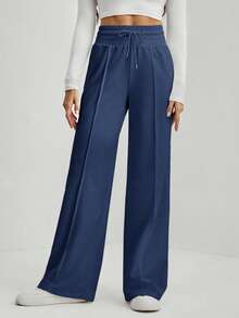 SHEIN Tall Solid Drawstring Waist Wide Leg Sweatpants - Navy Blue - View 6