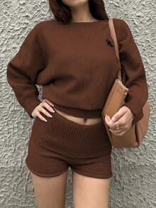 SHEIN Unity 2pcs Set Loose Fit Batwing Sleeve Fleece Sweater, Gray