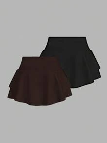 SHEIN EZwear 2pcs/Set Women Knitted Shorts, Brown And Black - Brown - View 2