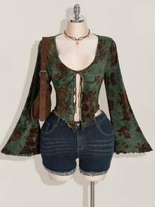 SHEIN ICON Women's Plus Size Sexy Autumn And Winter Millennial Style Y2K Bohemian Style Green Background Brown Flower Flocking Fabric Front Center Tie Trumpet Sleeves Pointed Hem Slim Fit Top