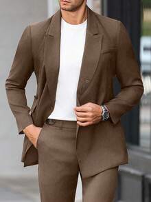 Calvornis 男士纯色翻领长袖金属孔眼设计休闲商务正装西装外套 - 棕色 - 查看 6