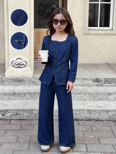 SHEIN 2 delar tween flickor mode casual y2k vintage cool gatuåterkomst till skolan college ett tvådelat set med gatublå denim en bekväm och lös mörkblå denim långärmad kofta och bekväma och lösa jeans för barnkläder tween flickor mjuka vardagskläder och barn vinter och höst rave outfits festival och outfits streetwear skolkläder