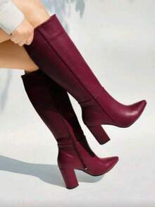 Botas altas de mujer estilo minimalista, punta fina, tacón grueso, para oficina y moda urbana - Burdeos - Ver 2