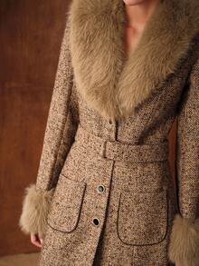 MOTF PREMIUM WOOL TWEED ELEGANT LUXURY FURRY COLLAR BELTED OVERCOAT
