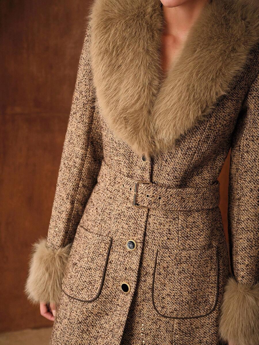 MOTF PREMIUM WOOL TWEED ELEGANT LUXURY FURRY COLLAR BELTED OVERCOAT - Khaki - View 2