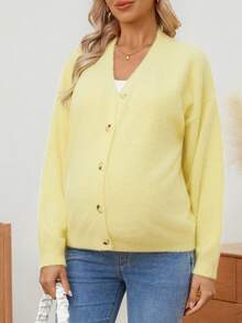 SHEIN Women Loose Fit Solid Color Button Front Short Knit Cardigan, Suitable For Pregnant Women, Autumn/Winter - Yellow - View 7