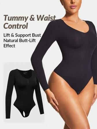 Shapelle Forme Seamless V-Neck Long Sleeve Slim Fit Shapewear Thong Bodysuit Body Shaper Butt Lifter-Tummy Waist Thigh Control  Cozy And Elegant Details