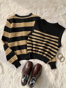 Muvela Bộ 2 áo khoác cardigan sọc và áo ba lỗ cho nữ, phong cách đại học cổ điển, trang phục thiết yếu cho mùa thu, thích hợp mặc hàng ngày, tụ tập thường ngày, thoải mái và tối giản, sân bay, văn phòng - Nhiều màu - Xem 6