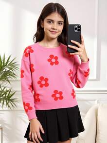 Tween 女童花卉图案圆领落肩长袖毛衣，秋冬款 - 玫紅色 - 查看 3