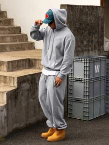 DAZY Setelan Sweatsuit Fleece Abu-abu Pria, Hoodie Musim Gugur/Dingin - Grey - View 3