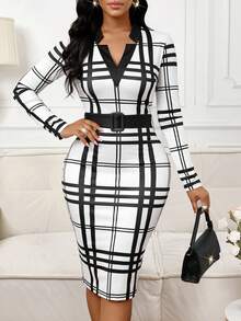 SHEIN Lady 女士优雅格子修身中长通勤连衣裙 - 黑與白 - 查看 7