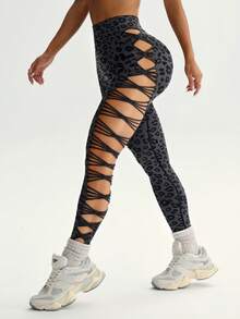 Slayform Slayform 1pc Seamless Leopard Print Elastic Mesh Hollow Fitness Yoga Sports Leggings - Dark Grey - View 5