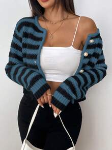 SHEIN PETITE Women's Casual Contrast Striped Cropped Cardigan - Blue - View 5