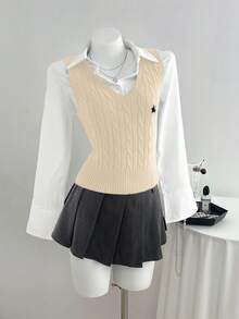 Elamini Casual Versatile Cable Knit Vest - Khaki - View 3
