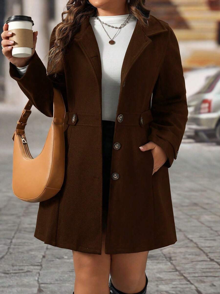 EMERY ROSE Black Lapel Button Decor Waist Cinched Mid-Length Women Overcoat - Coffee Brown - View 1