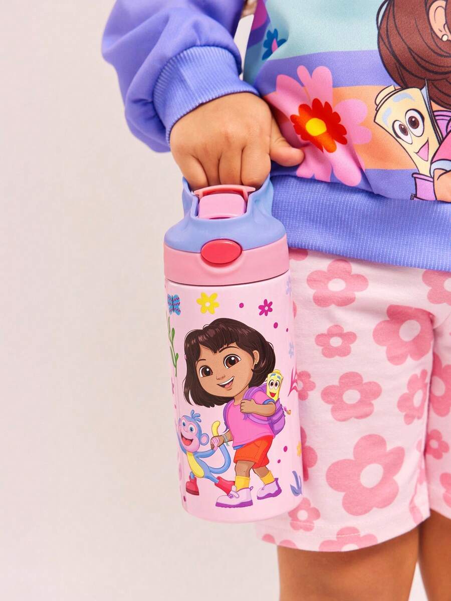DORA | SHEIN 500 ml Bouteille d'eau en acier inoxydable avec paille, avec poignée, convient pour les sports, les voyages et l'école - Rose bonbon - Voir 1