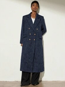 Aveloria Modichic Sequin & Sequins Embellished Tweed Maxi Coat With Metal Buttons, Double-Breasted Multi-Pocket Design