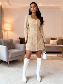 Rafferiza New Arrival Square Neck Elegant Mid-Length Dress For Women, Spring/Autumn - Pale Yellow - View 7