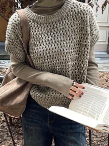 DAZY 女士宽松商务休闲优雅圆领针织毛衣背心两件套，秋冬 - 軍綠色 - 查看 1