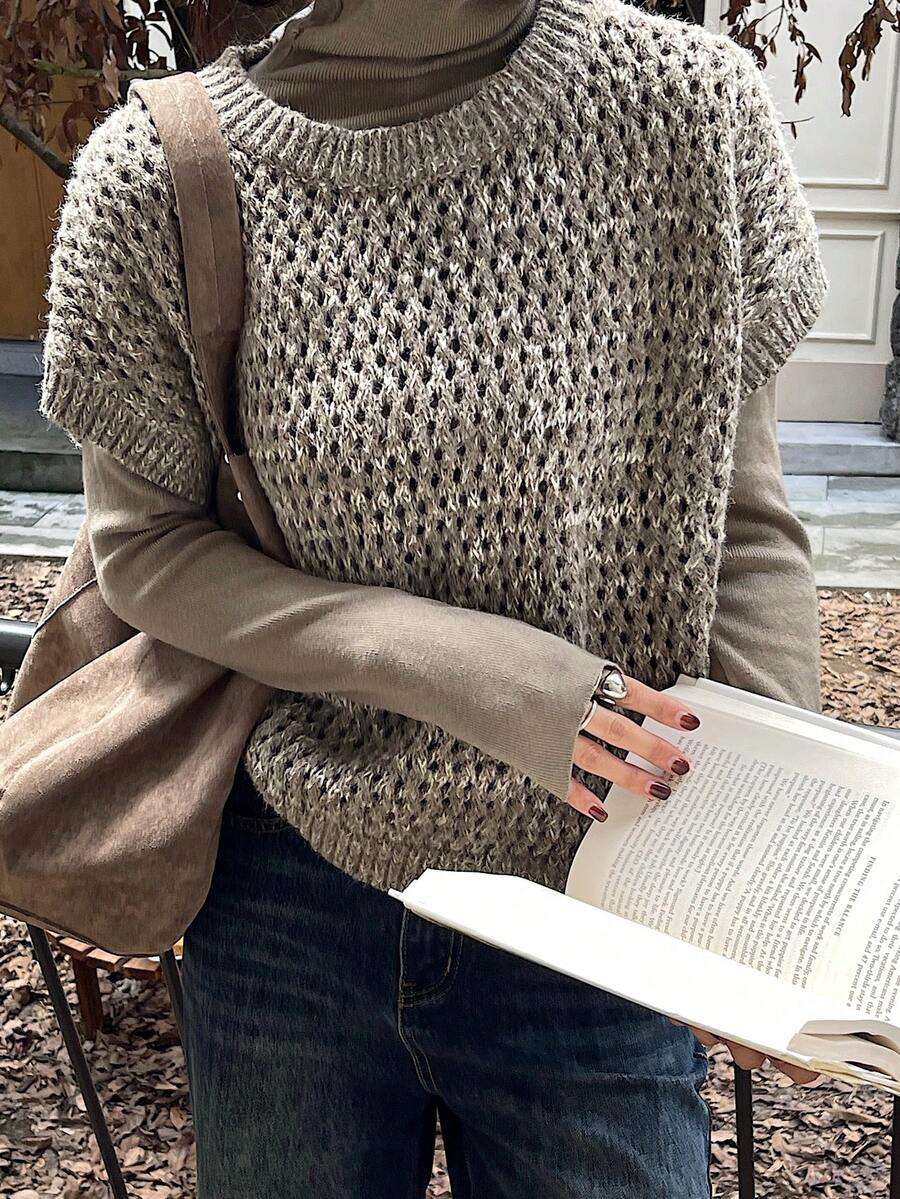 DAZY 女士宽松商务休闲优雅圆领针织毛衣背心两件套，秋冬 - 軍綠色 - 查看 1