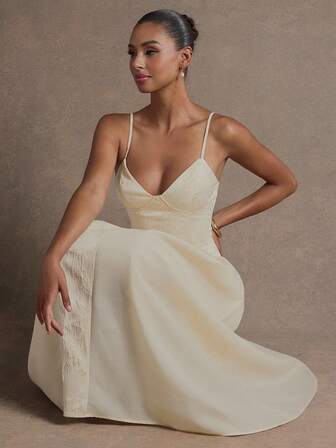 L'Amorae Jacquard Satin Blandteknik Kontrast Midi Lång Klänning Bröllop Födelsedag Examen