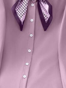 Resyla Áo sơ mi rộng rãi, cổ tròn, tay bồng, cài khuy đơn giản dành cho nữ - Màu tím - Xem 7
