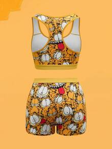 GARFIELD | SHEIN Women's Full Print Cat Print Wireless Bra And Boyshorts Set,Kawaii,Y2K,Cute,Sweet, Funny Lingerie Cute Underwear Set 2 Piece Set Summer 2 Piece Outfits Women Sports Bra Sets Cute Sets For Women - Yellow - View 2
