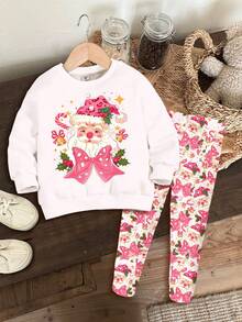 SHEIN Bộ đồ Giáng Sinh Happikins, màu hồng Giáng Sinh, ông già Noel hoạt hình dễ thương, họa tiết nơ in hình báo hồng, không khí Giáng Sinh kẹo gậy, quà tặng Giáng Sinh, bộ 2 món áo nỉ dài tay cổ tròn và quần legging cho bé gái, thích hợp cho mùa thu/đông, ở nhà, trang phục dự tiệc Giáng Sinh. - Nhiều màu - Xem 2