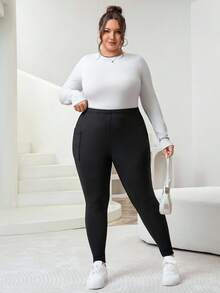 SHEIN CURVE+ 大码女式高弹力保暖内衬打底裤，带侧袋，基本款返校大码打底裤，大码紧身裤，大码高弹力带口袋打底裤 - 黑色 - 查看 7
