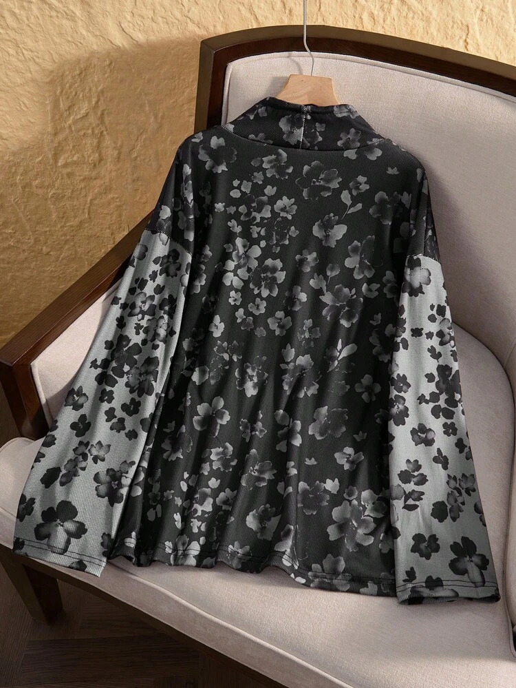 Plus Size Casual Floral Print Stand Collar Sweatshirt, Autumn Fall Winter Country Concert Cozy