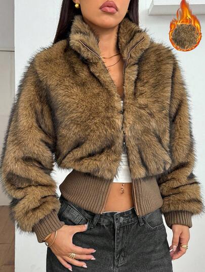 SHEIN PETITE Women's Casual Streetwear Retro Faux Fur Coat, Fashionable For Autumn/Winter