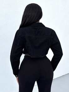 Alexandranx Women's Casual Distressed Cropped Denim Jacket - Black - View 2