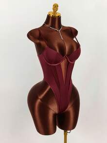 Amplova Bộ đồ liền thân khoét lỗ gợi cảm màu trơn dành cho nữ - Màu Đỏ Sâu - Xem 8