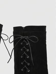 CUCCOO SZL Women's Fashion Black Side Lace-Up Thigh High Boots, Suitable For Holidays, Vacations, Music Festivals - Black - View 5