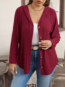 Plus Size Red Casual Knitted Fabric Rib-Knit Hooded Long Sleeve T-Shirt With Buttons Regular Length Plus Size Ribbed Knit Top Burgundy Hooded Button Up Wine Red Ribbed Sweater Plus Size Long Sleeve Top Dark Red Knit Blouse - Red - View 3