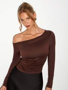 Nuvra Sexy Asymmetric-Shoulder Design Versatile Slim Fit Long Sleeve T-Shirt - Brown - View 8