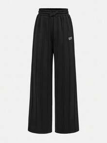 SHEIN Tween Girl Casual Street Style Ruched U-Neck Long Sleeve Ribbed Knit Fitted T-Shirt And Pleated Wide Leg Sweatpants Set, Suitable For Home, Outdoor, School, Black Pants And Top Set Young Girls Casual Versatile A Effect Jumpsuit Pant 15 Years Old Girls Pants Suit - Black - View 7