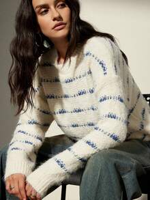 Aveloria Modichic Autumn/Winter New Slouchy Colorblock Fuzzy Soft Crew Neck Pullover Sweater - Multicolor - View 2