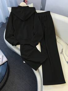 GlowEve Women's Fashion Casual Solid Color Embroidered Hooded Pocket Zip Up Loose Sweatshirt And Embroidered High Waist Drawstring Relaxed Straight Leg Sweatpants Set, Suitable For Daily, Sports And Leisure Wear