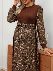 SHEIN Vestido de maternidad con cintura anudada y estampado floral vintage, elegante para el otoño - Multicolor - Ver 7