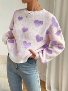 SHEIN Raffinéa Women's Heart Pattern Drop Shoulder Lantern Sleeve Loose Knit Pullover Sweater, Christmas - Multicolor - View 6