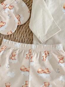 Loomiva Newborn Baby 5-Piece Set: Cartoon Bear Print Knit Soft Crew Neck Romper, Elastic Waist Pants, Bib, Mittens, And Hat