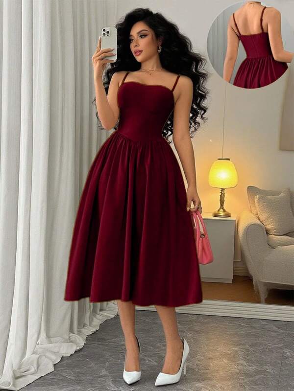 Islaluna Robe à bretelles spaghetti évasée à la taille, polyvalente et pour les sorties, automne/hiver pour femmes