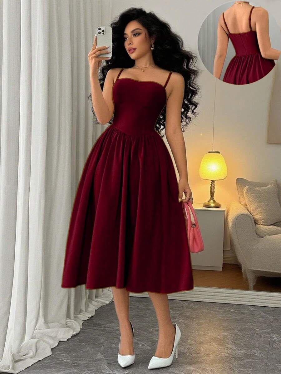 Rafferiza Fashionable Versatile Date Party Spaghetti Strap Waist Flared Dress For Women, Autumn/Winter