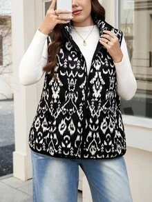 SHEIN LUNE 大码女式感恩节优雅圣诞女式纯色前拉链无袖口袋休闲羽绒服日常穿着圣诞节女式新年女式冬季外套女式冬季外套前拉链无袖口袋休闲羽绒服日常穿着秋冬外套保暖百搭女式秋冬外套 - 黑色 - 查看 6