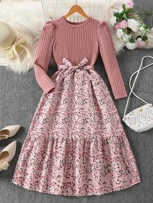 SHEIN Váy suông họa tiết hoa đơn giản, cổ tròn, tay xếp ly, dáng rộng, thời trang dành cho nữ - Bụi hồng - Xem 5