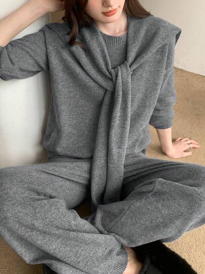 Feyla 女士纯色圆领落肩长袖毛衣和针织披肩休闲两件套，秋冬